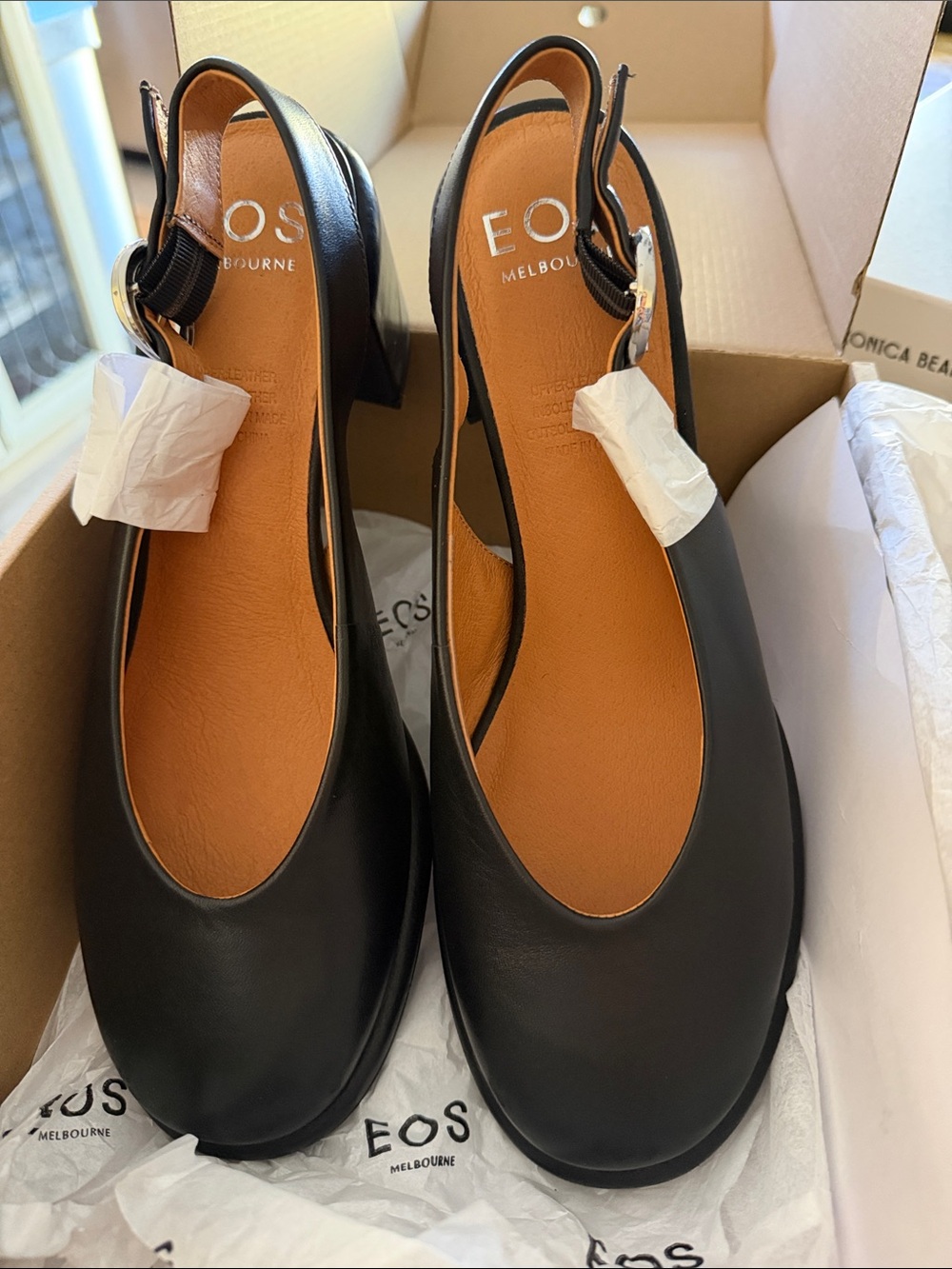 eos Black Leather Slingback Mules